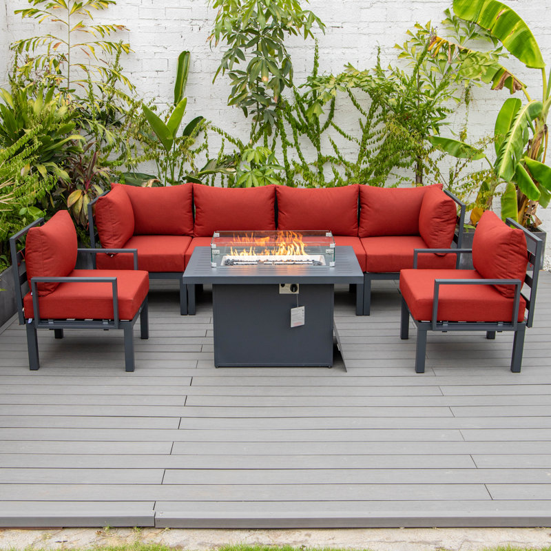 Ensemble modulaire d'extérieur 7 pièces Chelsea - Ensemble de conversation modulaire avec coussins, structure en aluminium et table basse en verre trempé