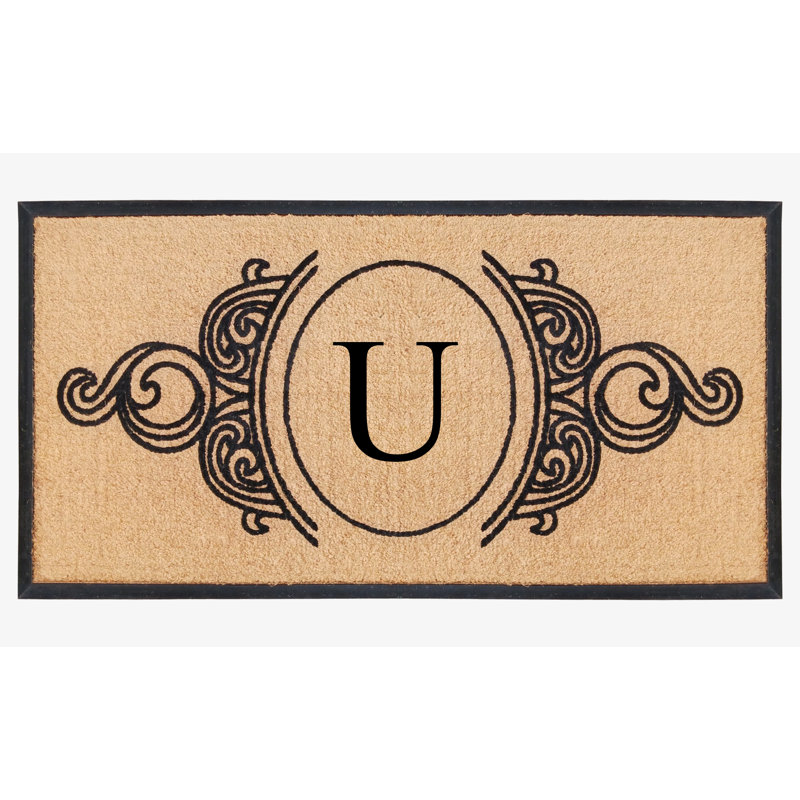 Tapis de porte en fibre de coco naturel et en caoutchouc monogrammé à la main Jahkobe Floral - 30 po x 60 po, robuste, durable et durable