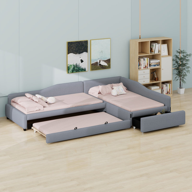 Upholstered Double Daybed With Trundle And Drawer, Gray