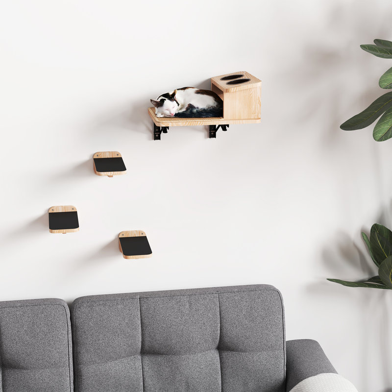Ensemble de grimpeur mural en bois pour chat avec 3 marches et station d'alimentation