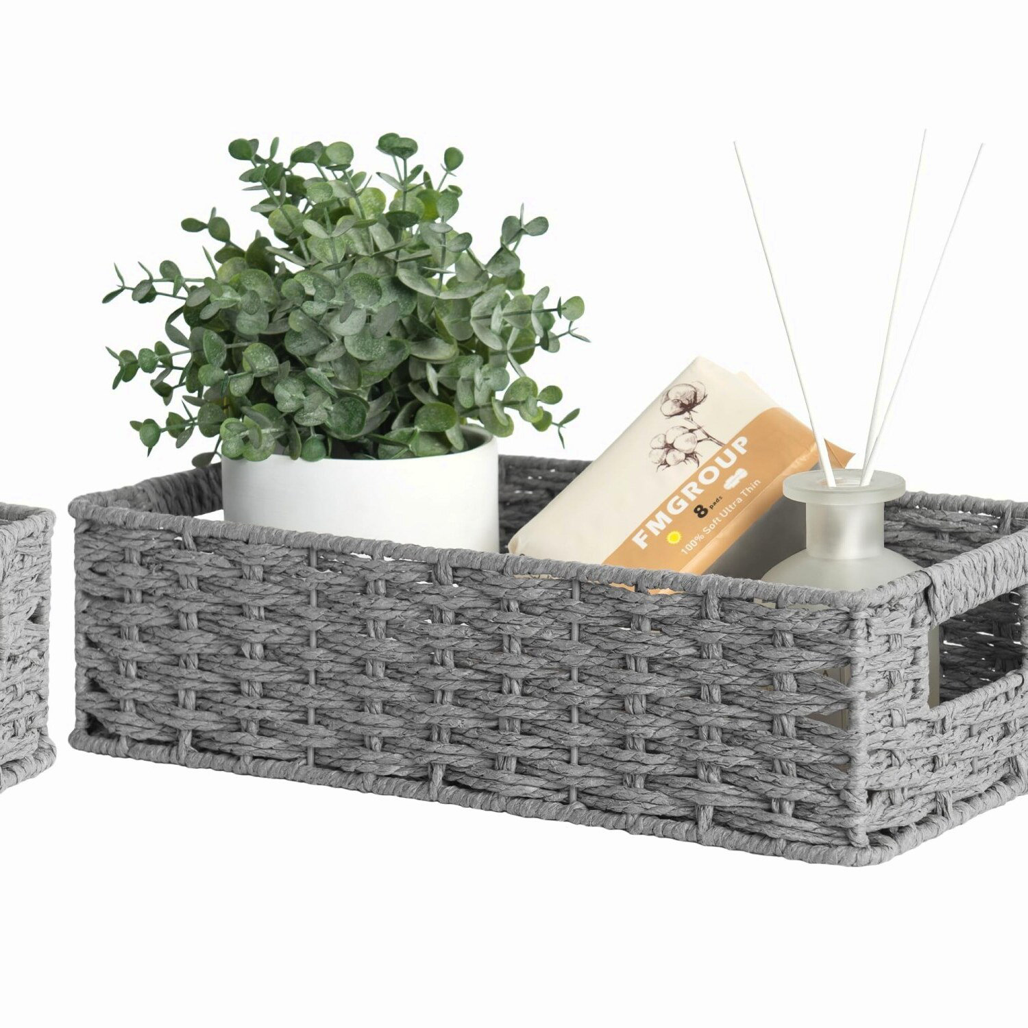 Panier De Papier Toilette En Corde De Coton Tissé - Organisateur Salle De Bain 33x15x10cm Avec Poignées Cuir