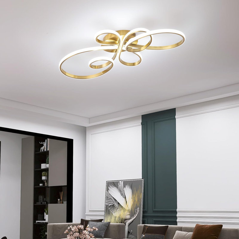 Plafonnier à DEL moderne 56 W, plafonnier à fleur encastré avec télécommande à intensité variable dorée pour le salon, la chambre à coucher, la salle à manger, le couloir et la cuisine