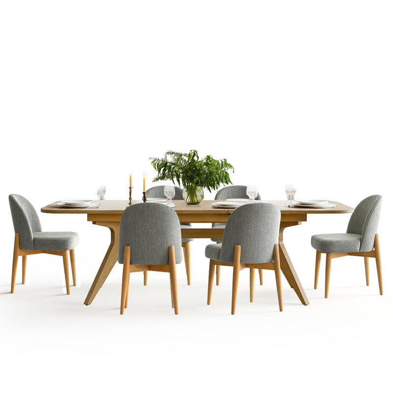 7-Piece Wood Dining Set with 6 Upholstered Chairs and Extendable Trestle Table, Gray