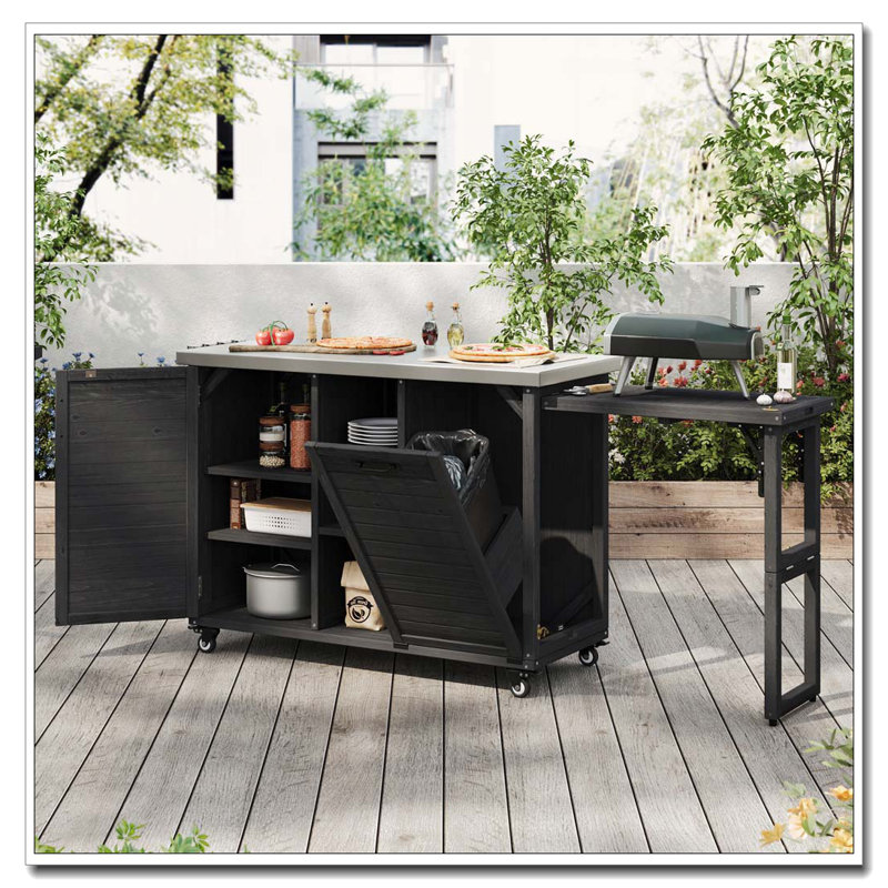 78.3" Outdoor Kitchen Island with Foldable Grill Table and Hidden Trash Cabinet, Black
