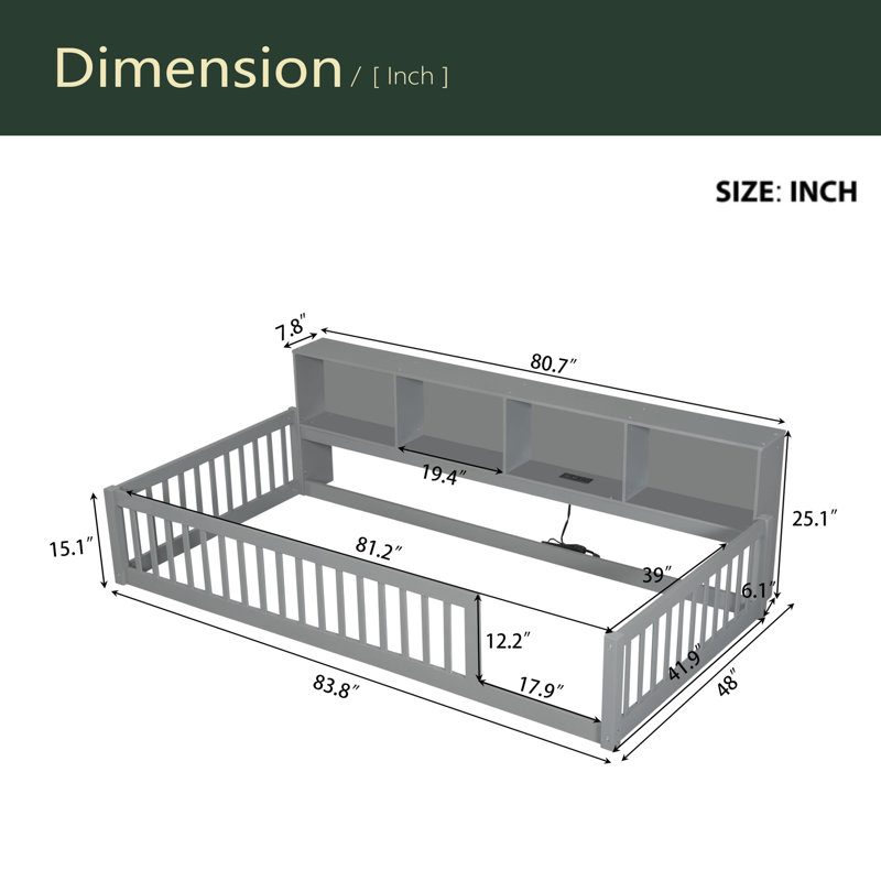 Lit en bois simple TG avec armoires de rangement et ports USB, Gris