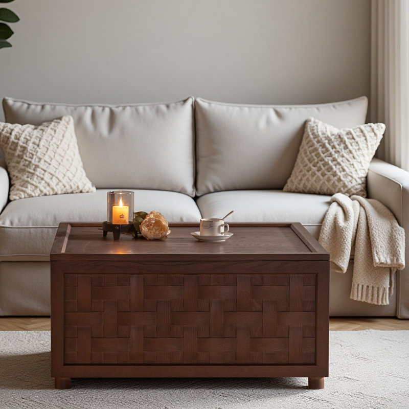 Table basse brune de style campagnard avec rangement, grande table basse carrée pour le salon