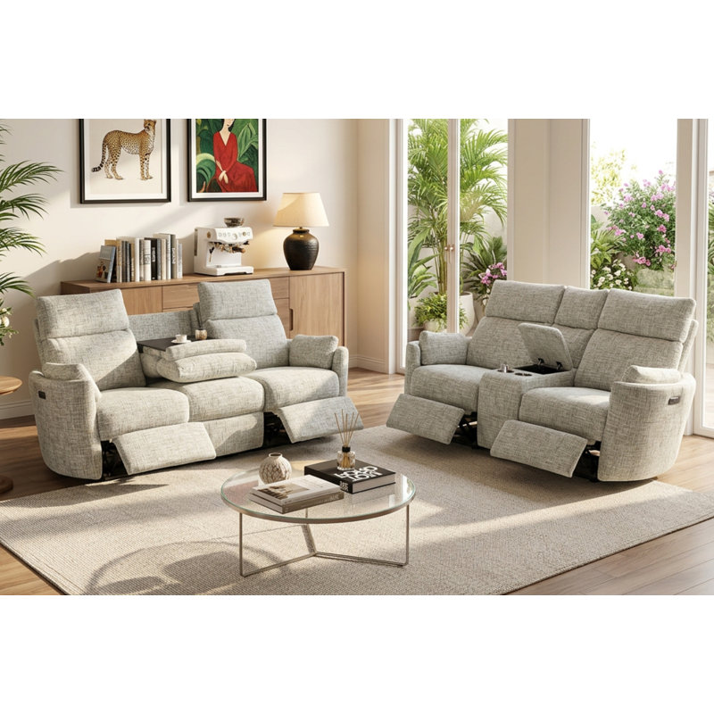 Ensemble de salon inclinable électrique 2 pièces avec console et porte-gobelets, Gris crème