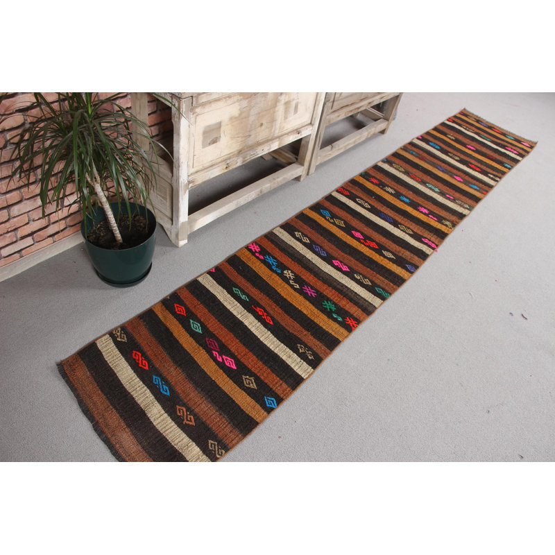 Antique Turkish Kilim Runner Rug in Black and Striped Oushak Design for Stairs or Home Decor with a Chic Bohemian Vibe
