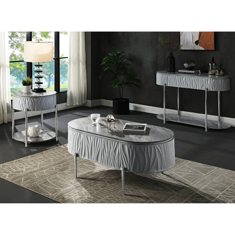 Élégante table basse grise avec plateau ultrabrillant et espace de rangement de forme ovale chic à extension 3/4