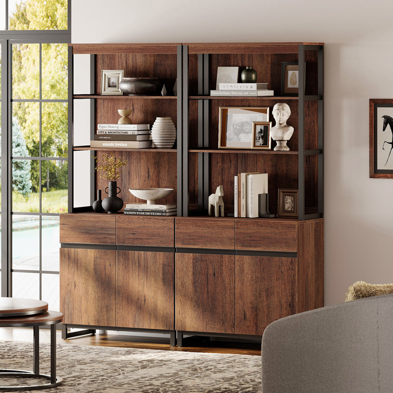 Aadam  Modern 72" Tall Bookcases With Metal Base And Adjustable Shelves, Library Book Shelf With Storage Cabinet And Open Book Shelfs, Wood Bookshelves For Home Office, Living Room
