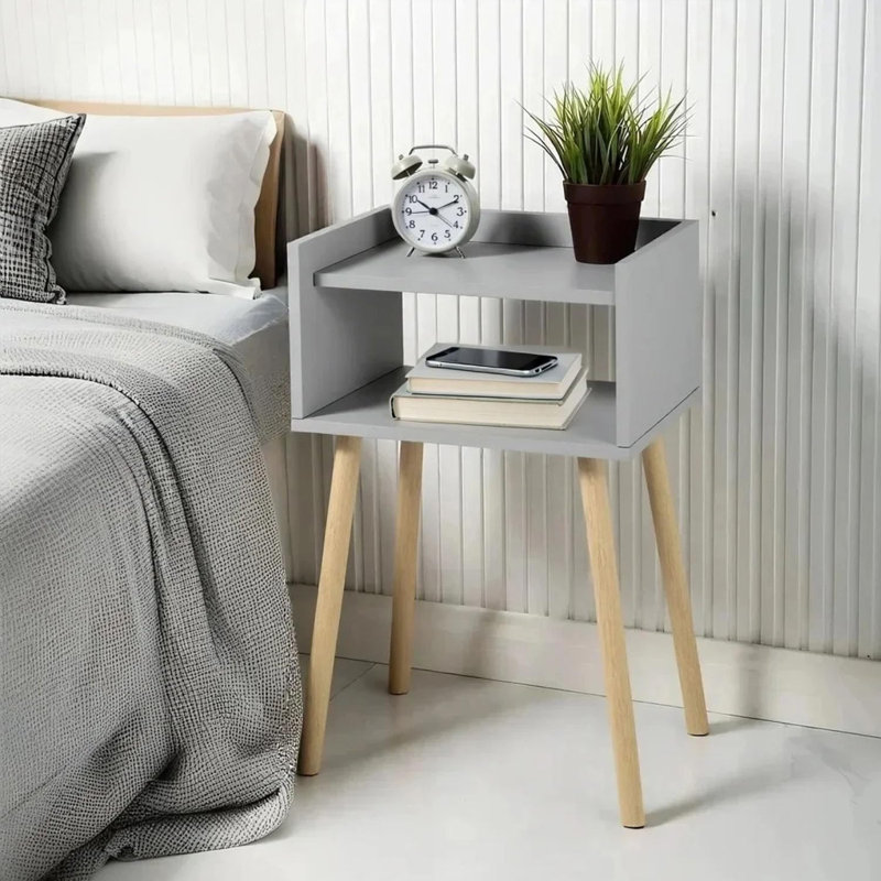 40cm W Solid Wood Bedside Table, Grey