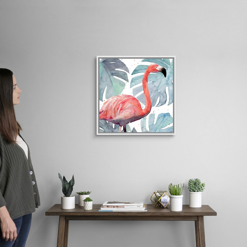«Flamingo Splash I», art mural sur toile, Toile avec cadre blanc, H 22 po x l 22 po