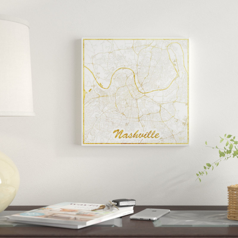 «Nashville Gold Leaf Urban Blueprint Map», reproduction d'impression sur toile, H 37 po x l 37 po x P 1,5 po, Toile tendue