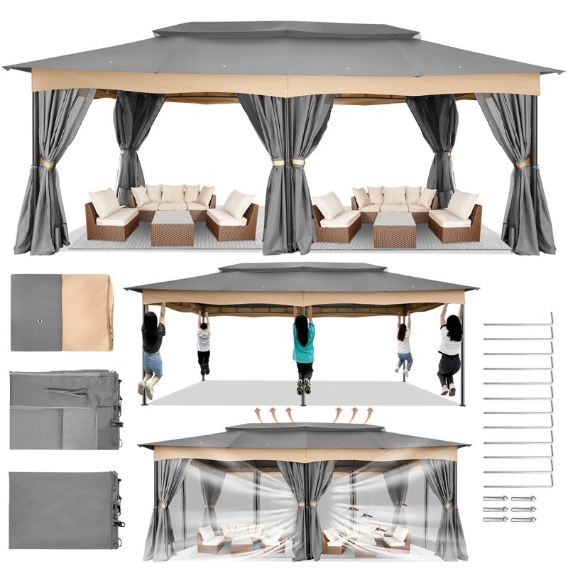 Gazebo 12x20 with Improved Cold-Proof Curtains Nettings Outdoor Gazebo, Gray