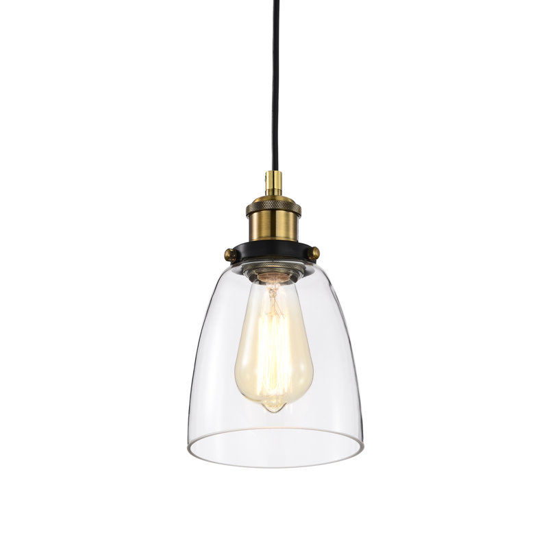Mini-luminaire suspendu 1 lumière noir et laiton antique avec abat-jour en verre transparent Mateo