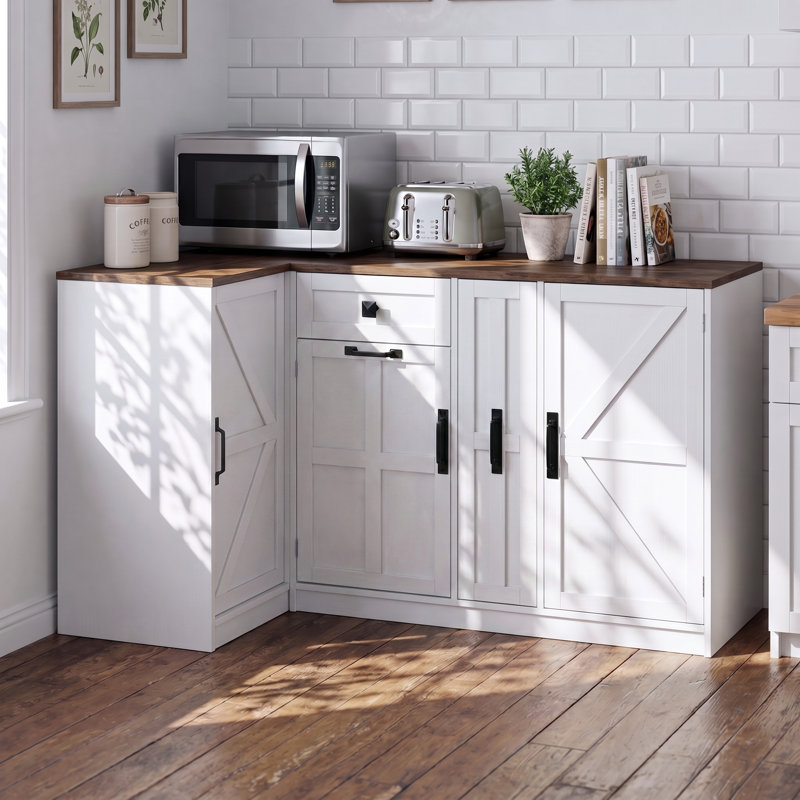 Kitchen Pantry Corner Cabinet With Countertop, Hidden Trash Storage Cabinet & 3-Tier Spice Rack, Farmhouse L-Shaped Sideboard With Doors & Adjustable Shelf For Dining Room, White