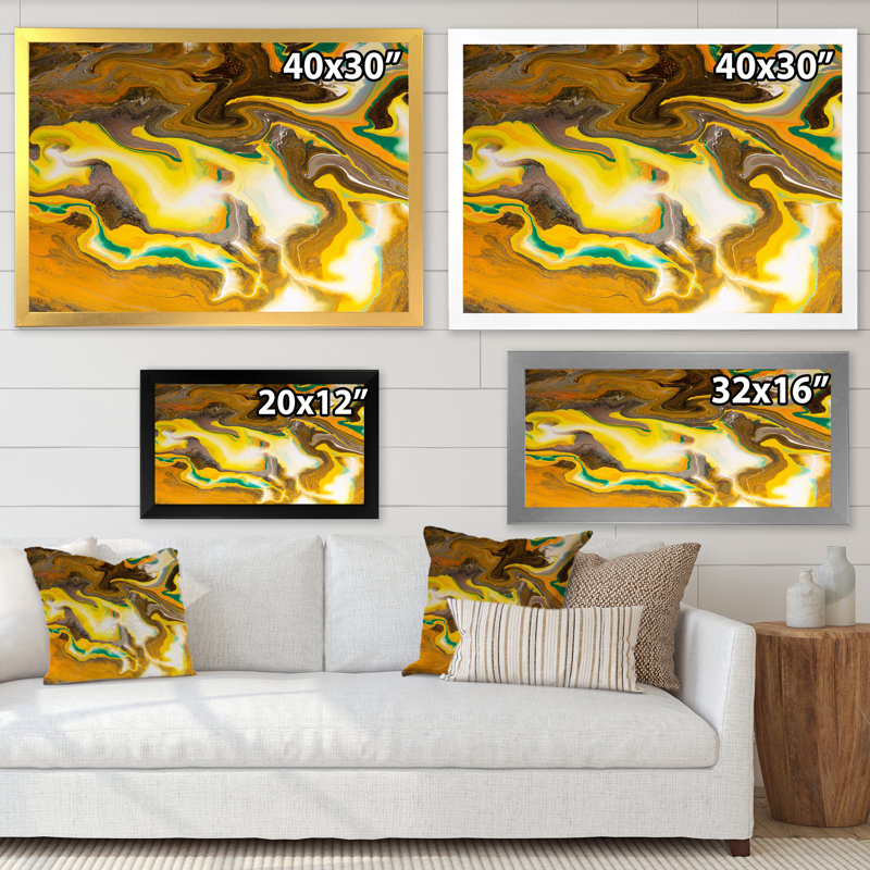 Kaki vif et marbre jaune - peinture sur toile, H 34 po x l 44 po, Cadre photo argenté