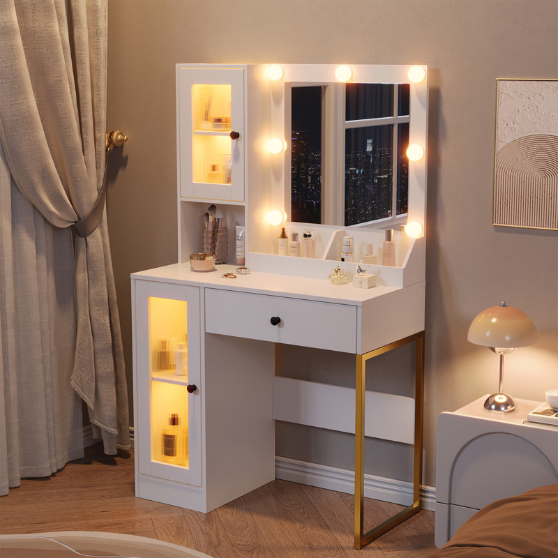 Meuble-lavabo avec miroir et lumières, Blanc