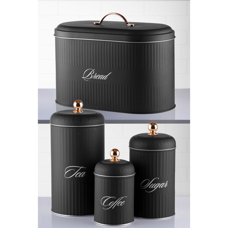 Durable Metal Storage Box Set (4 Pieces), Black | Includes Bread Box (7.1 x 13.4 x 9.4 in), Tea Box (5.1 x 5.1 x 10.2 in), Sugar Box (4.3 x 4.3 x 8.3 in), Coffee Box (3.5 x 3.5 x 6.3 in) | Stylish Organization Solution for Kitchen & Pantry