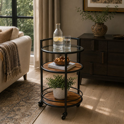 Alexa 3-Tier Trolley – Mango Wood, Glass Top & Black Steel Rolling Bar Cart (32") 