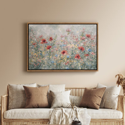 Art mural encadré sur toile - Champ de fleurs sauvages pastel avec couleurs douces et style aérien - 16 po x 24 po, 24 po x 36 po