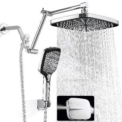 Pommeau de douche chromée de 33 cm avec douchette haute pression effet pluie et cascade, bras d'extension en métal de 20 cm, plusieurs modes de jet, hauteur et angle réglables.