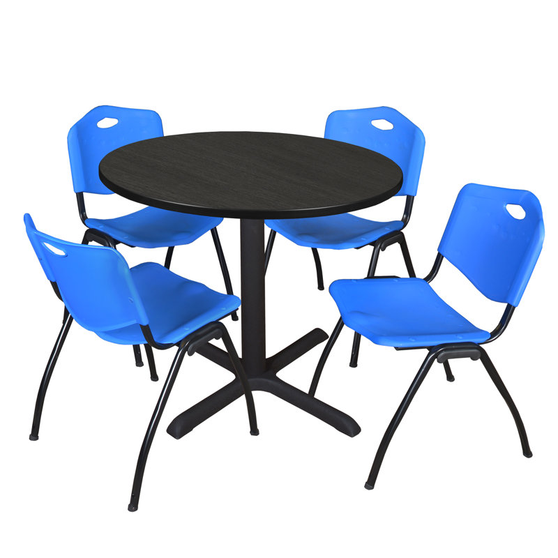 Regency Cain Round Breakroom Table & 4 M Stack Chairs, Ash Gray/Blue, 29" H x 42" L x 42" D