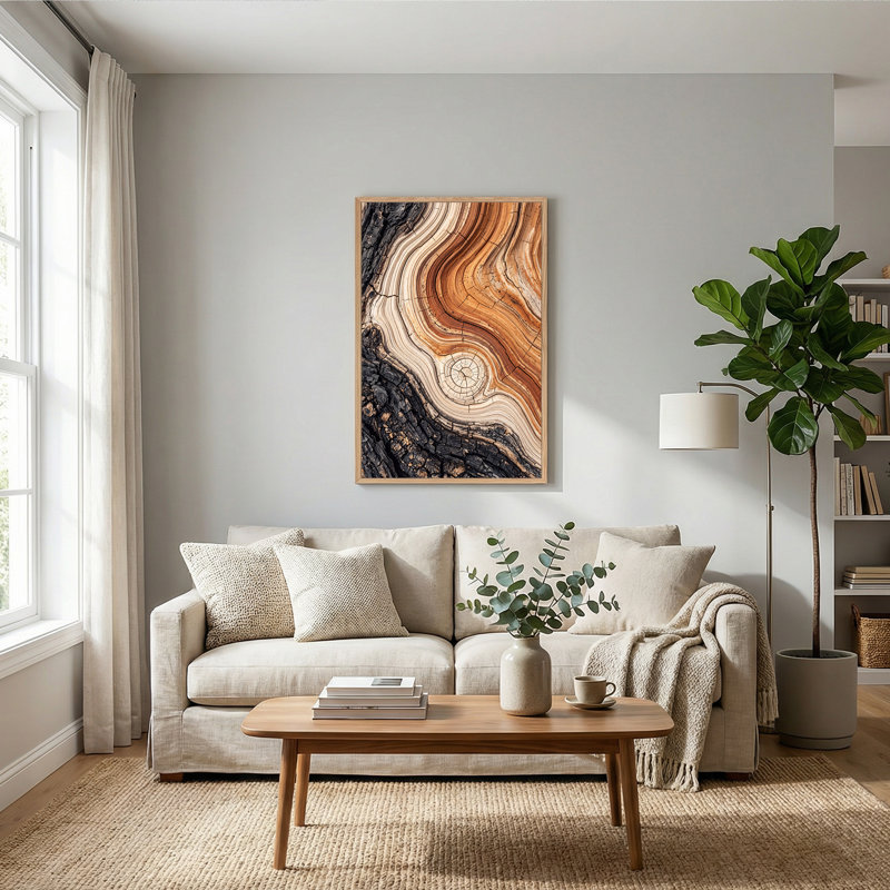 Art mural sur toile brun et noir avec anneaux d'arbre ondulé et écorce carbonisée, 36"H x 24"W