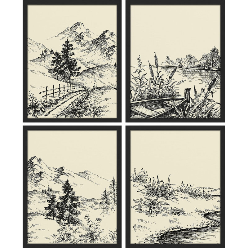 «Duotone Old-Fashioned Forest Tree Nature», reproduction encadrée sur papier 4 pièces, Naturel, H 16 po x l 12 po