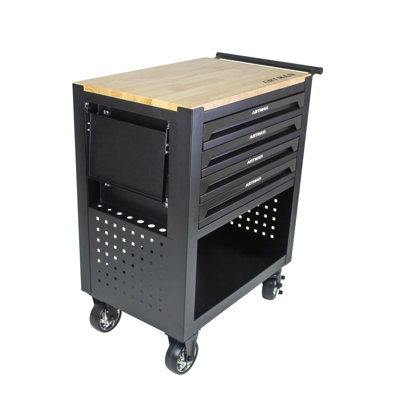 Armoire à outils roulante à 4 tiroirs avec roulettes - Chariot de rangement mobile robuste avec plateau en bois de chêne et tiroirs verrouillables, noir