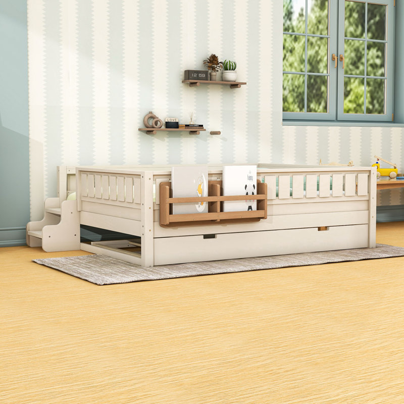 Lit plateforme en bois avec lit gigogne, bibliothèque et escalier, Queen, Beige