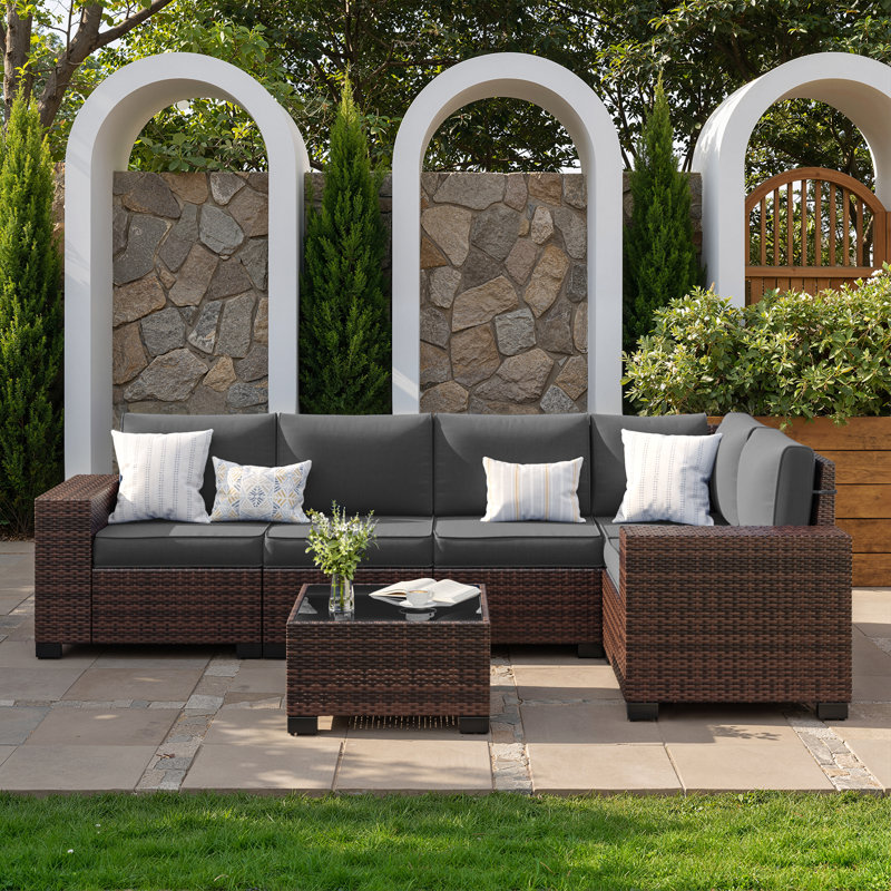 5 - Person Wicker Outdoor Modular Sectional Seating Group with Cushions, Dark Gray Cushion/Brown Frame