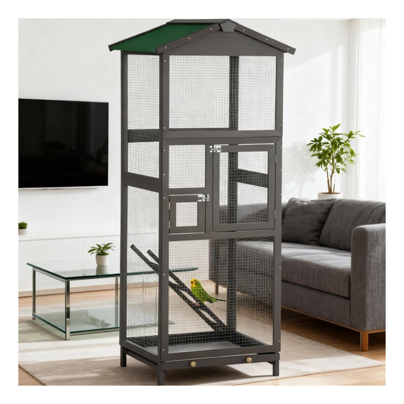 Volière intérieure et extérieure en bois avec plateau coulissant, vert et gris clair