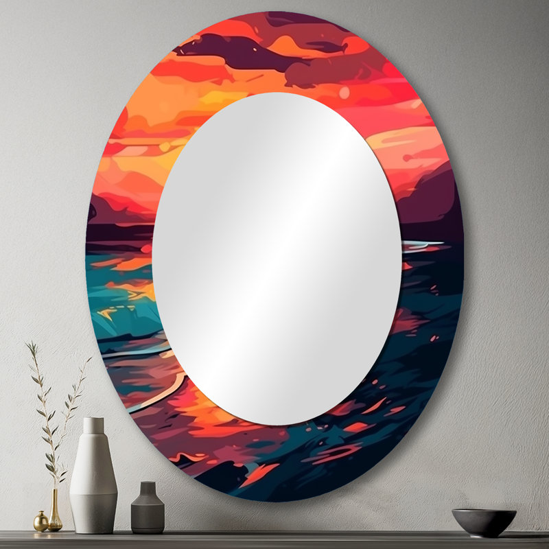 Sunset On The Beach Expressive Retro Colors I - Coastal Oval Decorative Mirror On Metal, 43" x 33"