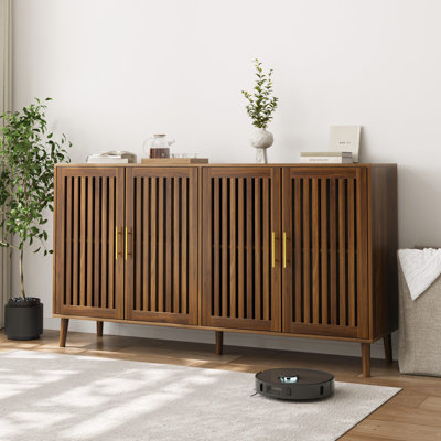 63 Inch Walnut Sideboard Buffet Cabinet With Storage ,Grille-Striped 4 Doors Sideboard,Multifunctional Accent Cabinet For Dining Room,Living Room,Entr by George Oliver