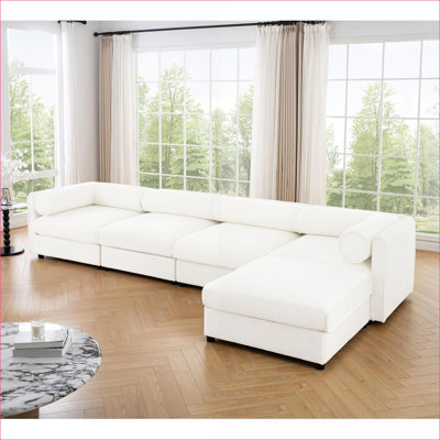 Canapés modulaires | Canapé modulaire en L à 4 places avec rangement, moderne pour salon, blanc | Blanc / chenille