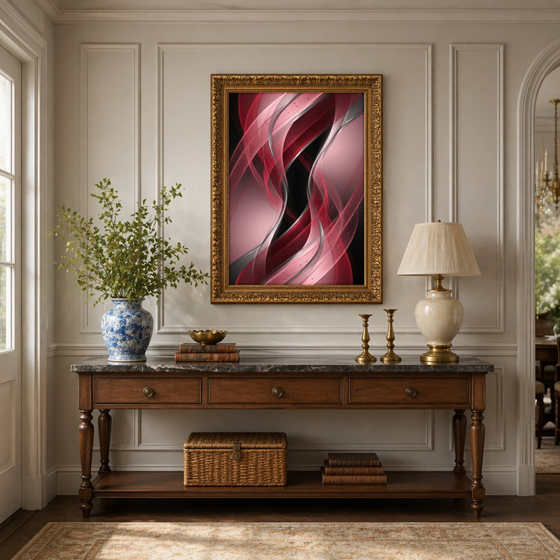 Art mural en toile noyer doré encadré pour le salon, la chambre à coucher, le bureau ou le vestibule - Décoration murale décorative avec vague rouge