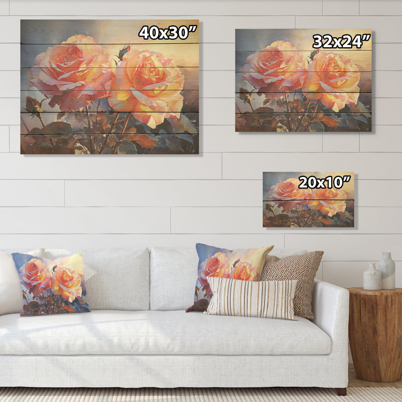 Coucher de soleil corail - Roses, art sur bois de pin naturel, H 24 po x l 32 po