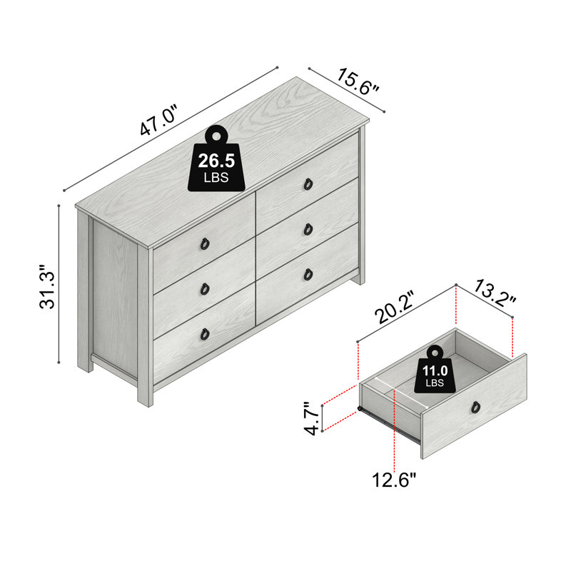 Mucci 47"W Solid Wood Transitional Modern White 6 Drawer Dresser, Antique White Oak