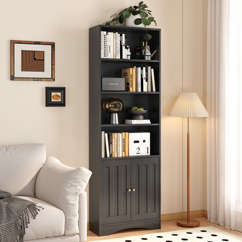 70.8"H Mid-Century Modern Bookcase – Solid Wood with 4 Shelves & 2 Doors, Black