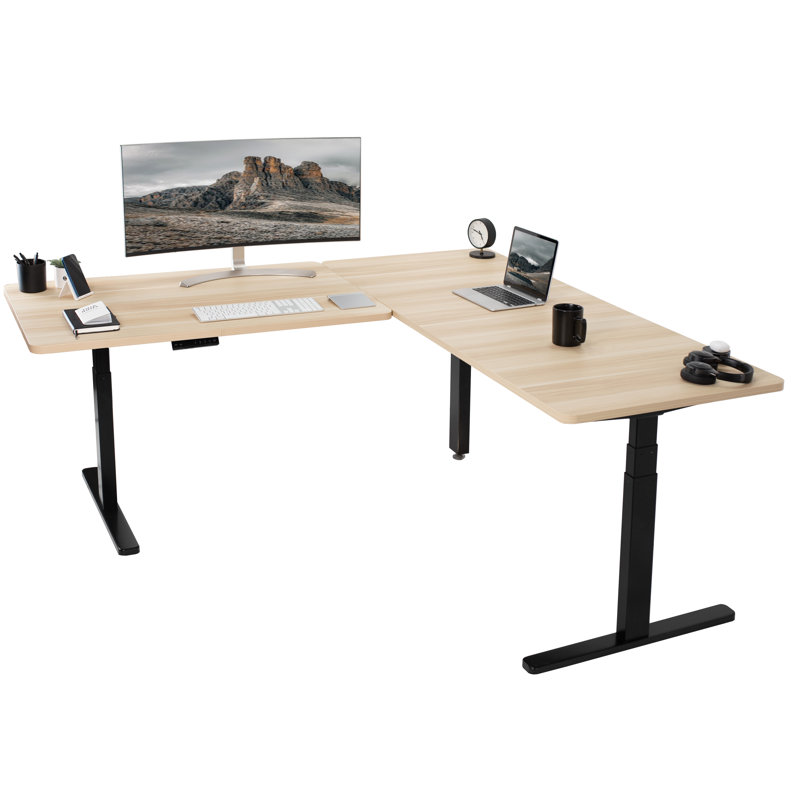 VIVO Electric 77" x 71" Corner Stand Up Desk, 3E7B Series, Light Wood/Black