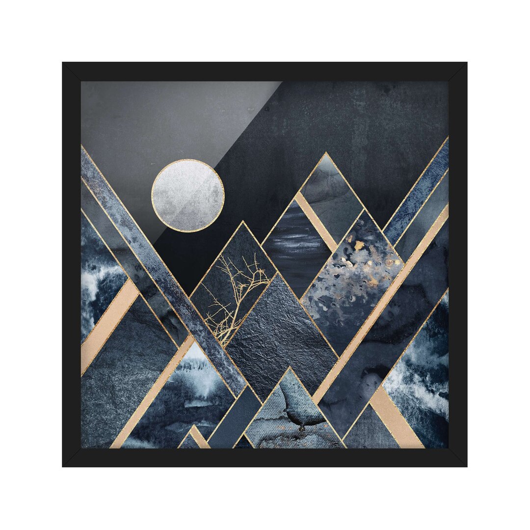 Gerahmtes Poster Golden Moon Abstract Black Mountains