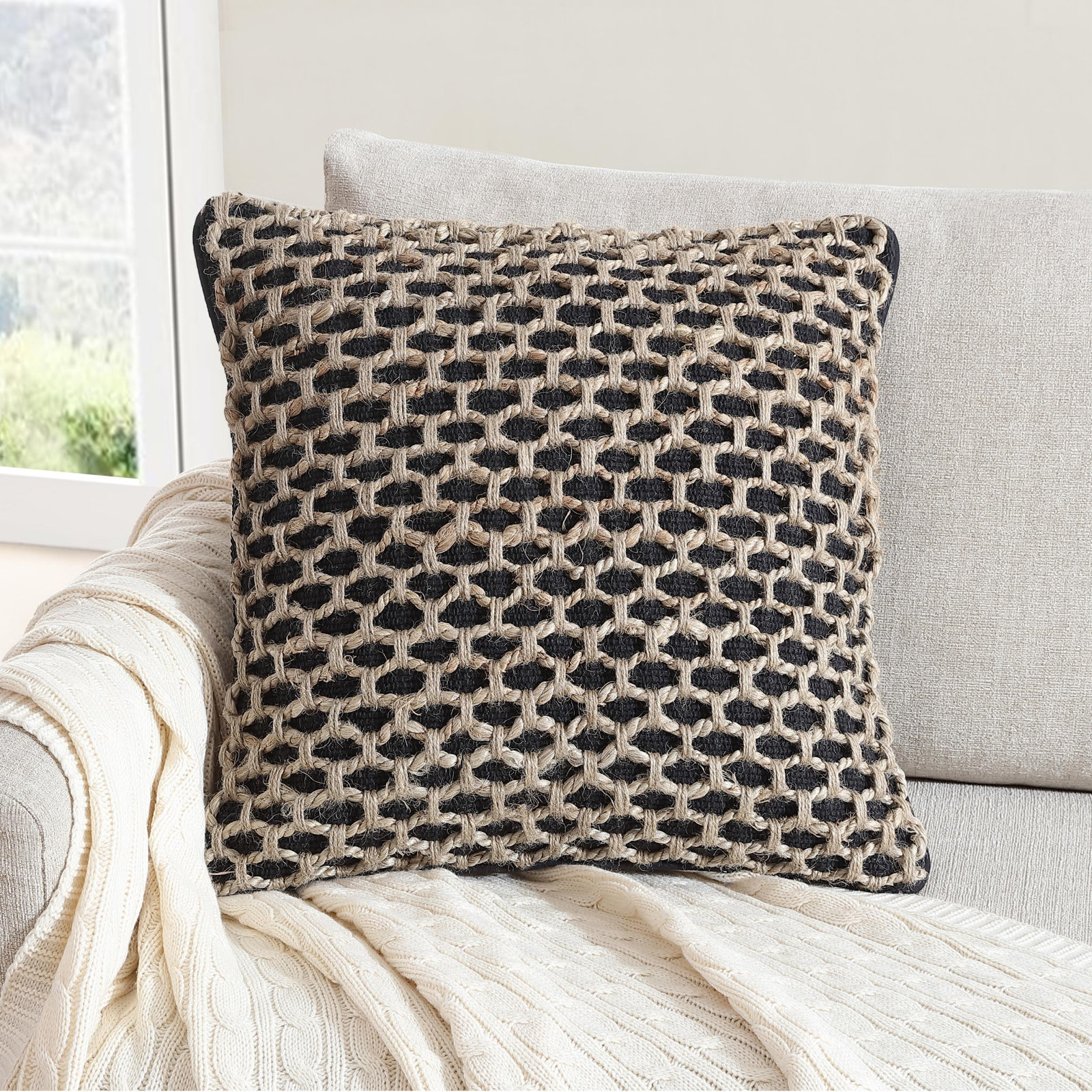 Ablo Textured Cotton Throw Pillow, Square 20", Black/Natural
