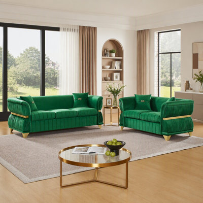 Ensemble de 2 pièces canapé de luxe en velours moderne à trois places et deux places avec 4 coussins et garniture en métal doré Pieds fuselés dorés et accoudoirs courbés pour le salon vert émeraude