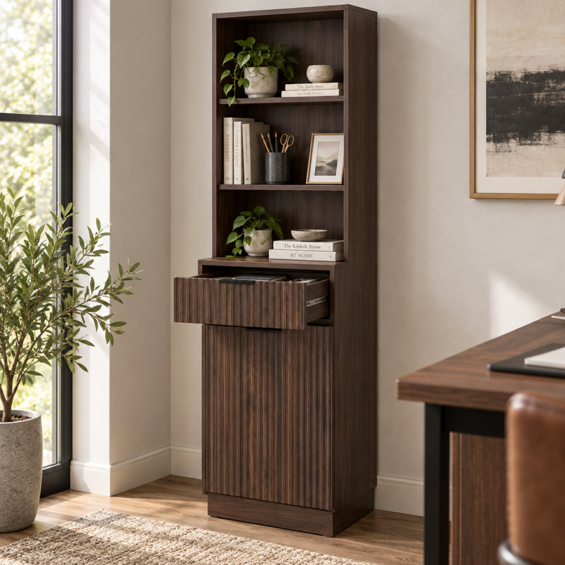 Armoire de rangement haute et étroite avec compartiment poubelle basculant, meuble de rangement de cuisine en noyer cannelé avec tiroir et étagères ouvertes