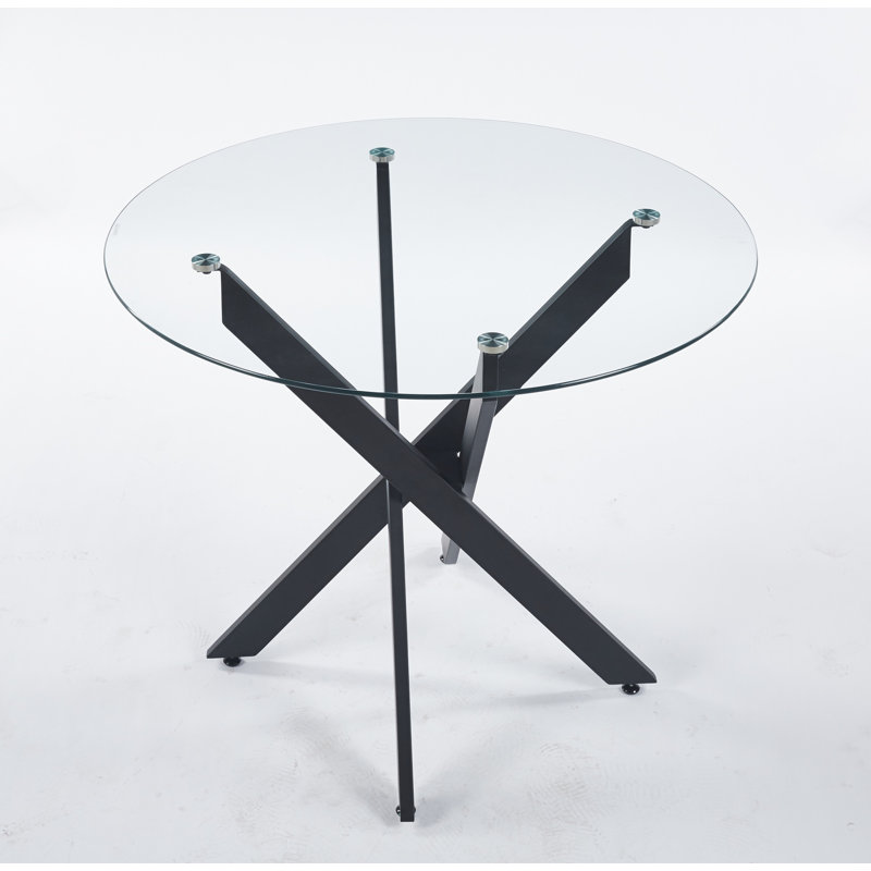 Black Dining Table With Cross Metal Leg And Tempered Glass,Modern Space Saving Kitchen Table For Living Room