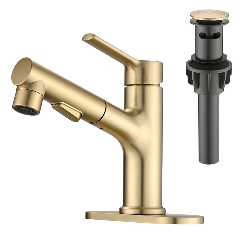 Pull Out Single Hole Bathroom Sink Faucet With Metal Pop Up Drain, Brushed Gold
