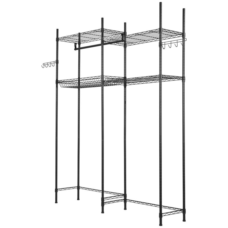 Au-dessus des étagères de rangement pour la laveuse et la sécheuse, support de séchage pour la salle de lavage à 4 niveaux avec tringle et crochets, deux rangées de laveuses réglables pour économiser de l'espace, pour le rangement et l'organisation de la salle de lavage, noir