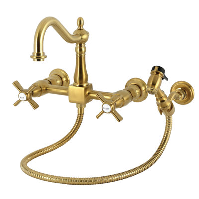 Kingston Brass Millennium Double-Handle 3-Hole Wall-Mount Bridge Kitchen Faucet With Brass Sprayer
