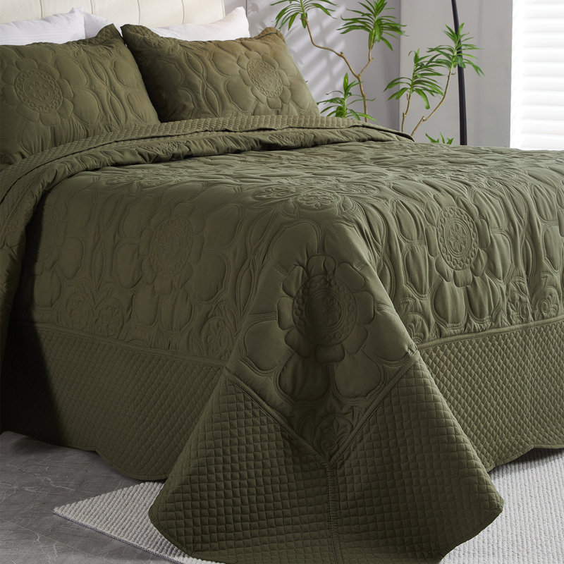 Ensemble de courtepointe pour lit très grand classique à motif floral floral (vert olive 106 po x 96 po), Vert olive